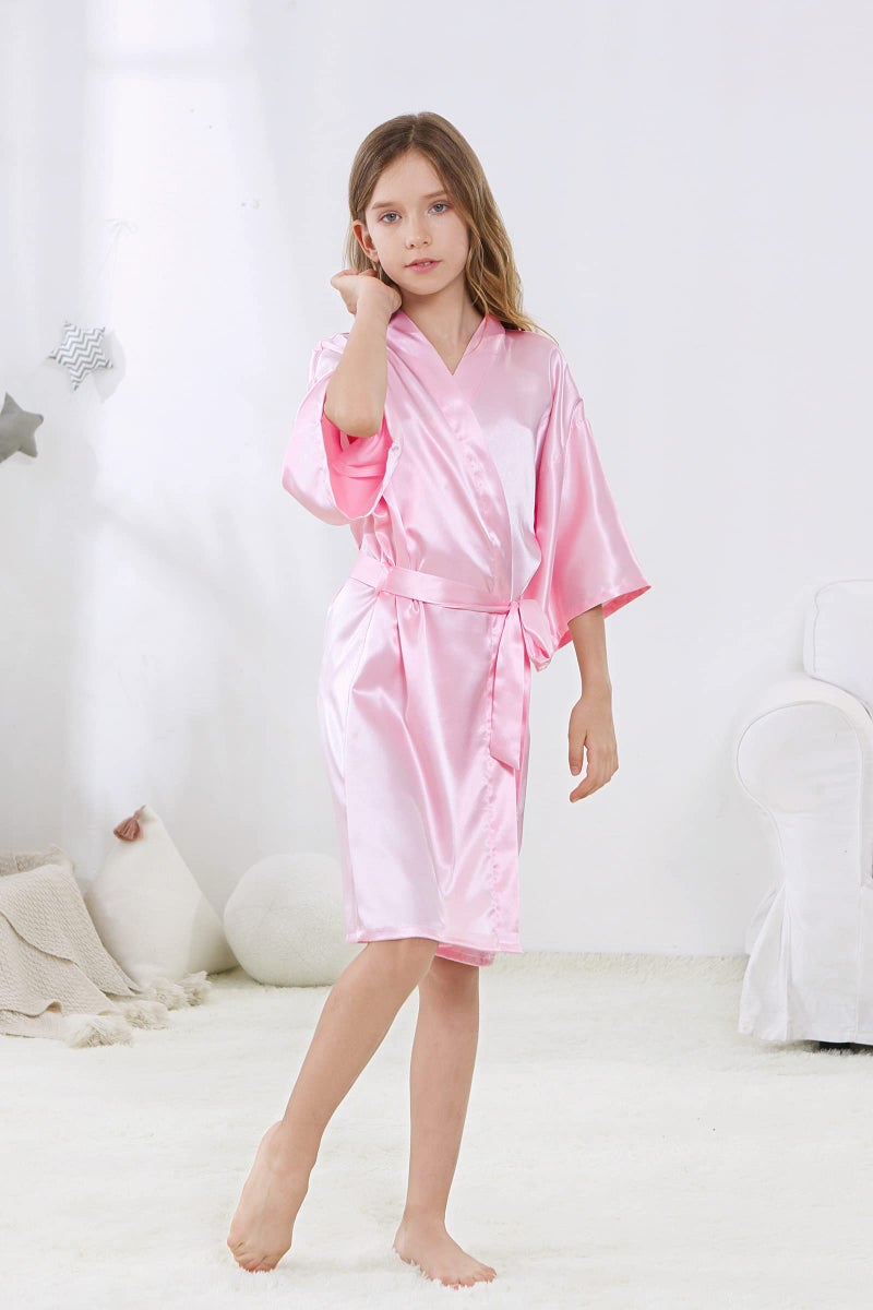 ALHAVONE Girl's Kid's Silky Satin Solid Color Short Kimono Robe for Wedding Birthday Party Spa (Pink, 8) - Image 2